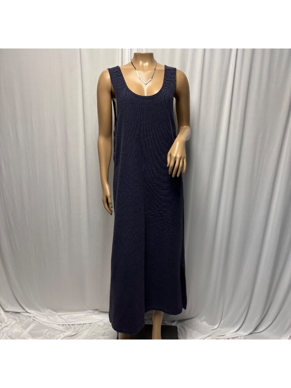 Claudia D Midi Sleeveless Dress Size Medium Navy Blue Side Slits Waffle Knit